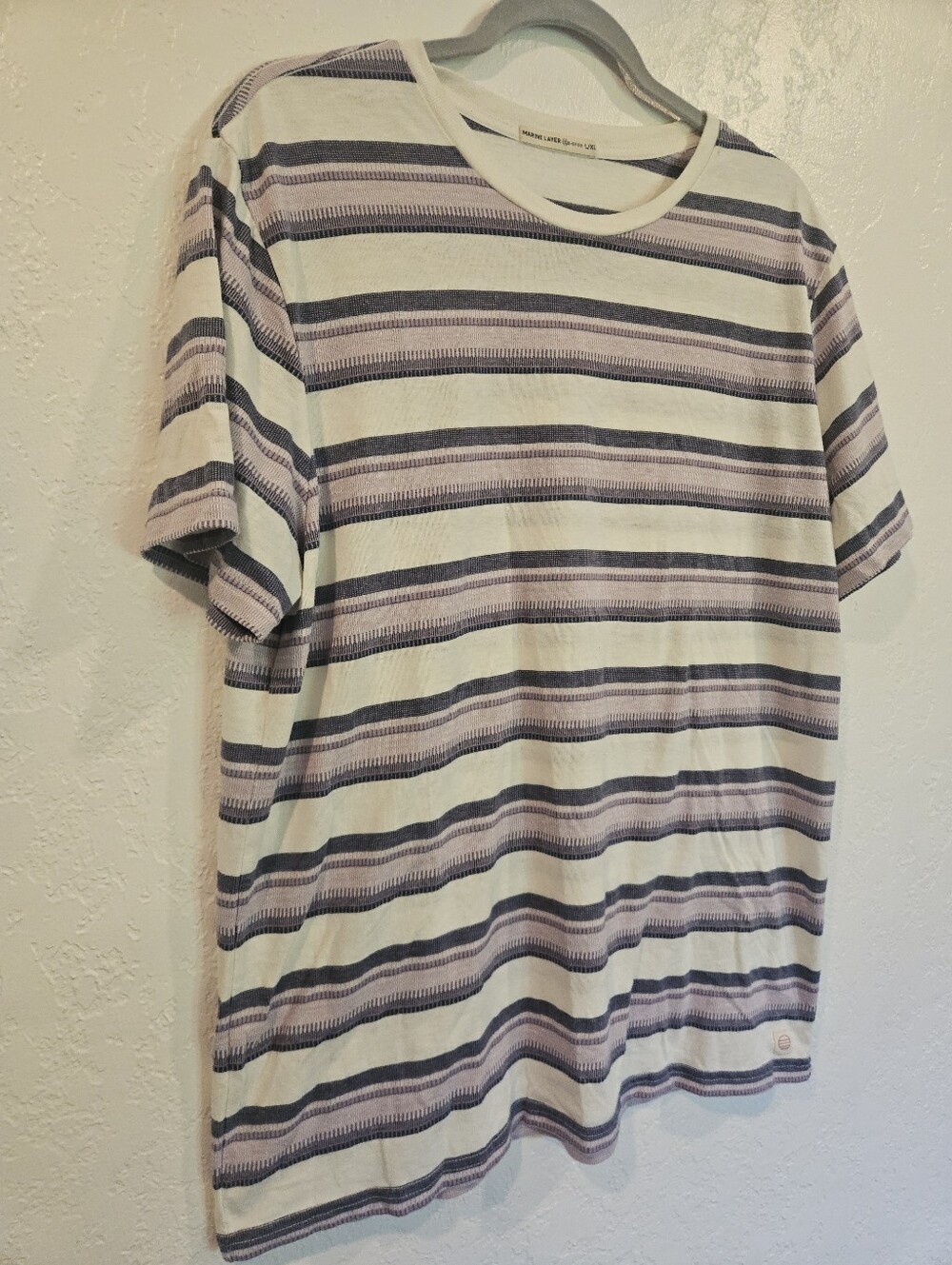 Marine Layer Mens L/XL  White Purple Blue Striped Crew Neck Short Sleeve T-Shirt